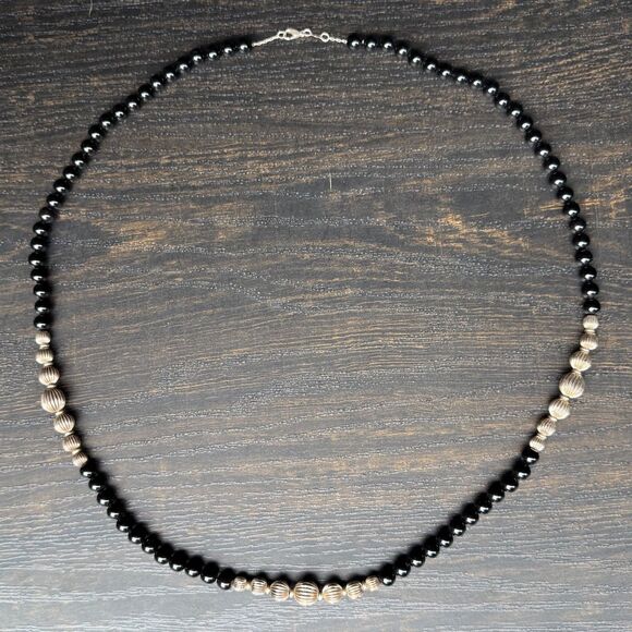 Vintage Sterling Silver Native Pearl Black Onyx Beaded Necklace 34in Chain 925 - Picture 14 of 16